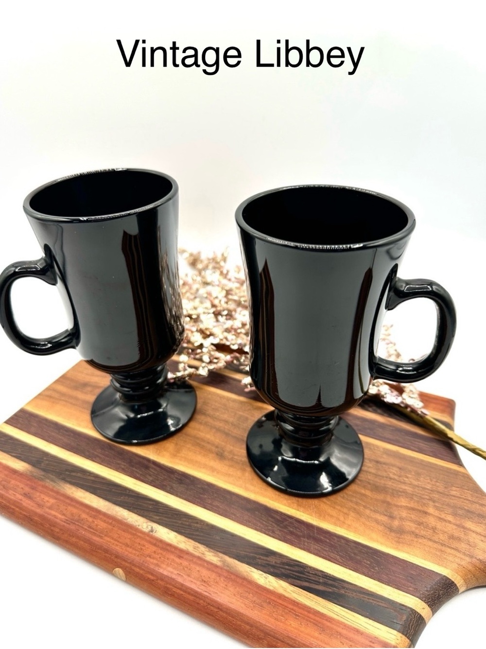 2 Libbey Black Amethyst Irish Coffee Mugs on Pedestal. Vintage 1970s